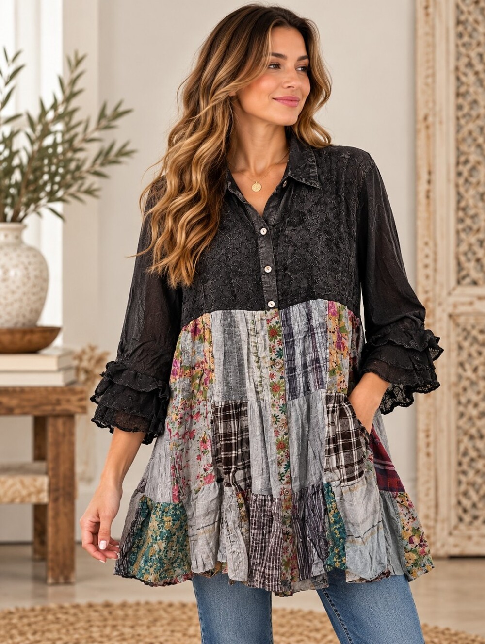597.Boho Patchwork Ruffle Tunic Blouse - Black